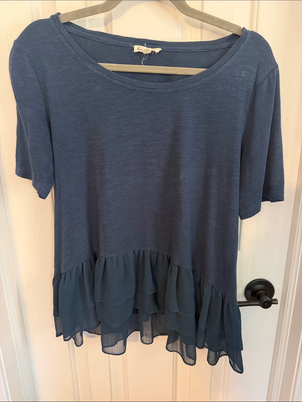 Jane and Delancey Blue Short Sleeve Ruffle Hem Tunic